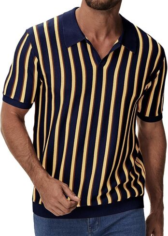 iWoo Men's Knit Polo Shirts Short Sleeve Casual Vintage Striped Golf Polo Classic Collared T Shirt in Kuwait