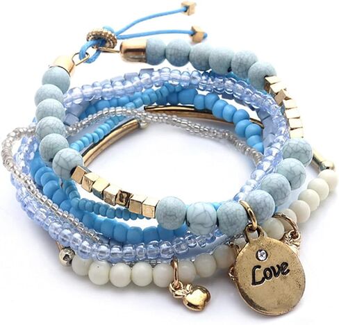 Pingyongchang Boho Letter LOVE Coin Stackable Bead layering Strand Statement Bracelets Bohemian Multilayer Stretch Charm Bracelets for Women Gifts Jewelry in Saudi Arabia