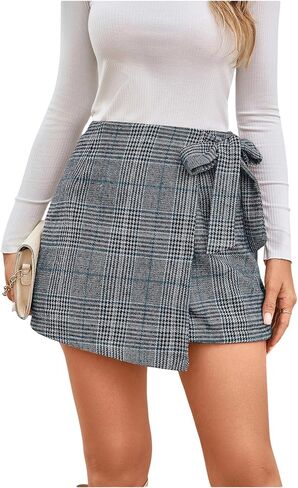 MakeMeChic Women's Houndstooth Print Shorts Wrap Front Bow Knot Tie Side Work Office Skort Bottoms in Kuwait