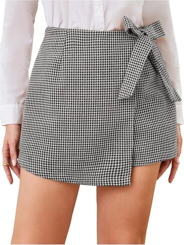 MakeMeChic Women's Houndstooth Print Shorts Wrap Front Bow Knot Tie Side Work Office Skort Bottoms in Kuwait