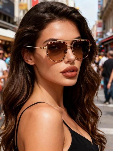 Retro Square Aviator Sunglasses for Women Men, Oversized Metal Double Bridge Trendy Sun Glasses in Saudi Arabia