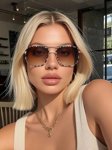 Retro Square Aviator Sunglasses for Women Men, Oversized Metal Double Bridge Trendy Sun Glasses in Saudi Arabia