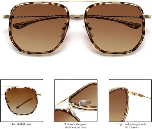 Retro Square Aviator Sunglasses for Women Men, Oversized Metal Double Bridge Trendy Sun Glasses in Saudi Arabia