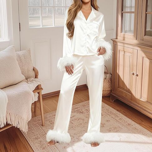 Women Feather Pajamas Silk Satin Lounge Sets Long Sleeve Button Down Sleepwear Bridal Shirt and Pants Lounge Sets in Saudi Arabia