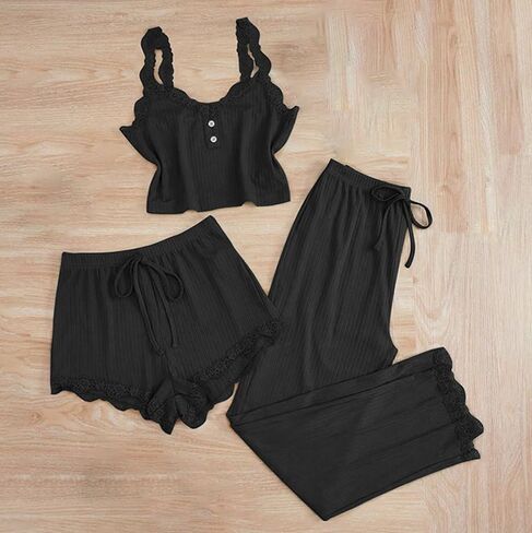 Soft Comfy Pajama Set for Womens 3 Piece Sleeveless Camisole Button V Neck Camis Pjs Shorts Pants Sleepwear in Saudi Arabia