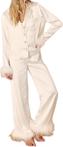 Women Feather Pajamas Silk Satin Lounge Sets Long Sleeve Button Down Sleepwear Bridal Shirt and Pants Lounge Sets in Saudi Arabia