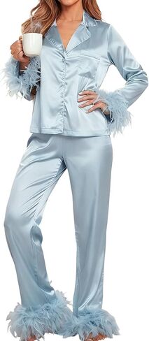 Women Feather Pajamas Silk Satin Lounge Sets Long Sleeve Button Down Sleepwear Bridal Shirt and Pants Lounge Sets in Saudi Arabia