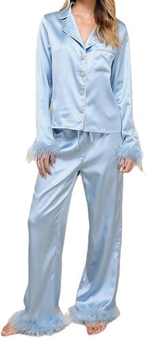 Women Feather Pajamas Silk Satin Lounge Sets Long Sleeve Button Down Sleepwear Bridal Shirt and Pants Lounge Sets in Saudi Arabia