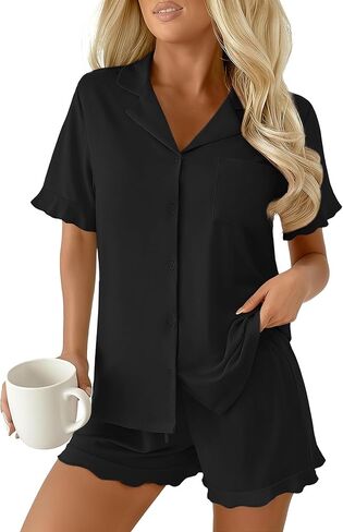 Ekouaer Pajamas Set for Women Button Down Pjs Lounge Sets Ruffle Short Sleeve Sleepwear Cute Loungewear in Saudi Arabia