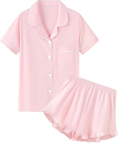 QZH.DUAO Girls & Women Pajama Sets 100% Cotton Sleepwear Button Down Short Sleeve With Ruffle Shorts PJS 5 Years-Large in Saudi Arabia