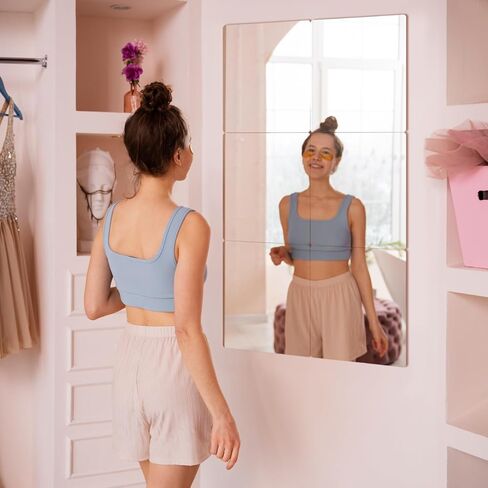 Cabilock 4 Pack Acrylic Mirror Tiles 16X16 Inch Self Adhesive Full Length Wall Mirrors with Rounded Corners Shatterproof Stick on Sheets for Bathroom Home Decor in Saudi Arabia