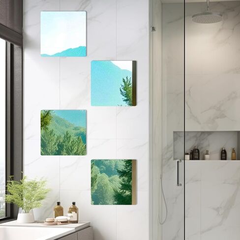 Cabilock 4 Pack Acrylic Mirror Tiles 16X16 Inch Self Adhesive Full Length Wall Mirrors with Rounded Corners Shatterproof Stick on Sheets for Bathroom Home Decor in Saudi Arabia