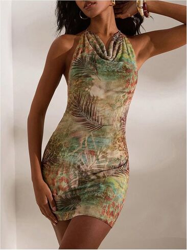Floerns Women's Tropical Cowl Neck Halter Mini Dress Chain Backless Date Night Bodycon Dress in Kuwait
