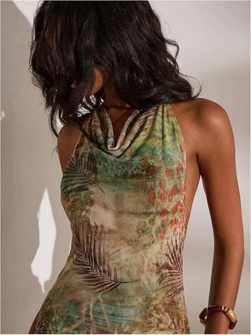 Floerns Women's Tropical Cowl Neck Halter Mini Dress Chain Backless Date Night Bodycon Dress in Kuwait