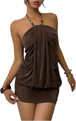 SOLY HUX Women's Halter Neck Bodycon Mini Dress Sleeveless Ruched Boho Y2k Dresses Clubwear in Saudi Arabia