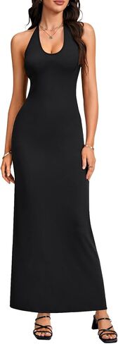 Rooscier Women's Halter Neck Sleeveless Bodycon Solid Color Elegant Maxi Dress in Saudi Arabia