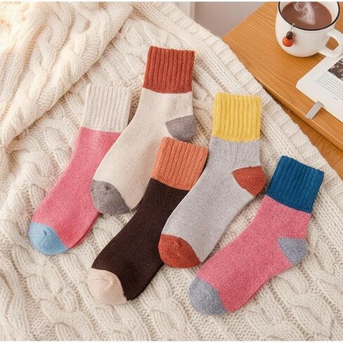 5 Pairs Vintage Winter Wool Socks for Women Warm Cozy Knit Color Block Thick Boot Socks in Saudi Arabia