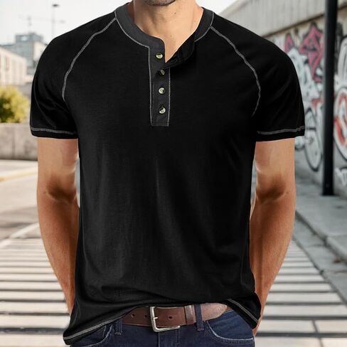 Mens Henley Shirts Short Sleeve Casual Button T-Shirts Cotton Basic Tee Shirts Slim Fit Summer Shirts in Saudi Arabia