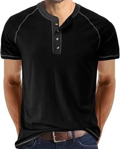Mens Henley Shirts Short Sleeve Casual Button T-Shirts Cotton Basic Tee Shirts Slim Fit Summer Shirts in Saudi Arabia