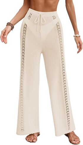 Womens Crochet Knit Elastic Waist Beach Pant Summer 2025 Loose Fit Bathing Suit Cover Up Straight Leg Pants in Kuwait