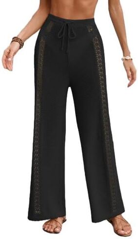 Womens Crochet Knit Elastic Waist Beach Pant Summer 2025 Loose Fit Bathing Suit Cover Up Straight Leg Pants in Kuwait