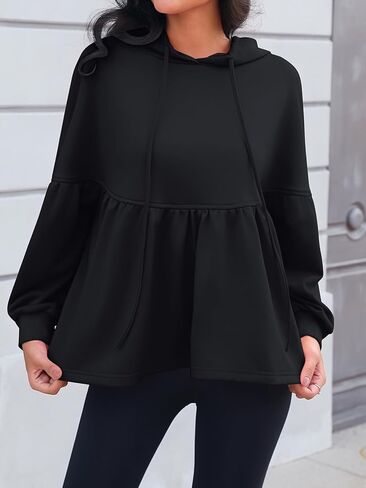 سويت شيرت نسائي كبير الحجم بقلنسوة كاجوال بأكمام واسعة بيبلوم برباط فضفاض وغطاء للرأس للتمرين in Kuwait