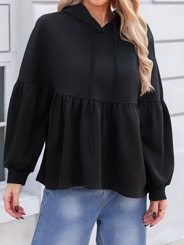 سويت شيرت نسائي كبير الحجم بقلنسوة كاجوال بأكمام واسعة بيبلوم برباط فضفاض وغطاء للرأس للتمرين in Kuwait