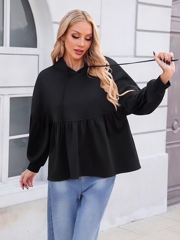 سويت شيرت نسائي كبير الحجم بقلنسوة كاجوال بأكمام واسعة بيبلوم برباط فضفاض وغطاء للرأس للتمرين in Kuwait