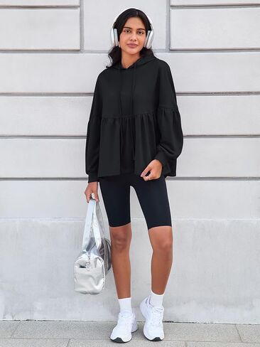 سويت شيرت نسائي كبير الحجم بقلنسوة كاجوال بأكمام واسعة بيبلوم برباط فضفاض وغطاء للرأس للتمرين in Kuwait