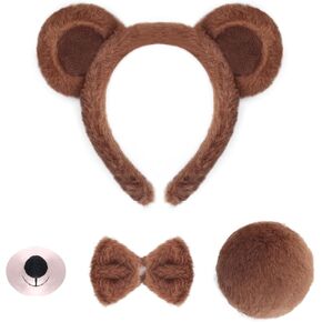 4 Pieces Bear Costume Bear Costume Accessories Set Bear Ears Headband and Tail Nose Bowtie Animal Cosplay Accessories for Halloween Christmas 101 Day Cosplay Party Brown in Kuwait