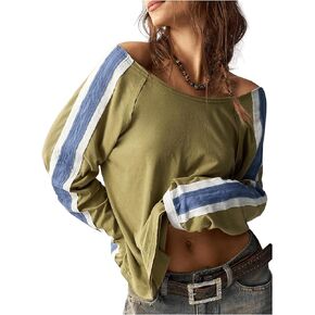 Women's Off The Shoulder Color Block Tee Tops Long Sleeve Loose Casual Fall T Shirts in Saudi Arabia