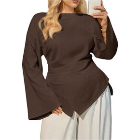 SHENHE Women's Plus Size Fall Dressy Casual Blouse Bell Long Sleeve Ruched Asymmetrical Work Top in Saudi Arabia
