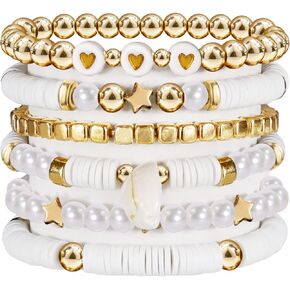 6Pcs Surfer Heishi Friendship Bracelets Set Stackable Stretch Clay Bead Bracelets for Women Preppy Elastic Layering Bracelets Boho Aesthetic Summer Beach Jewelry (White) in Saudi Arabia