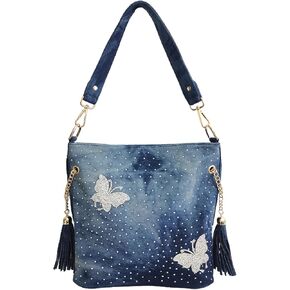 Denim Handbags for Women Top Handle Jean Purses and Handbags Denim Purse with Rhinestones in Saudi Arabia