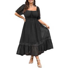 Women's Plus Size Maxi Dress Short Sleeve Square Neck Tie Front Swiss Dot A Line Wedding Guest Dresses in Saudi Arabia