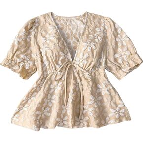 SOLY HUX Women's Short Sleeve V Neck Floral Blouse Tie Front Shirts Boho Peplum Tops in Kuwait