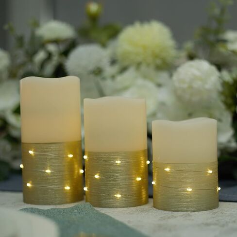 H-BLOSSOM Flickering Flameless Candles Ivory Real Wax Pillar with Embedded String Lights LED Candles Battery Operated with 10 Key Remote and Cycling 5H Timer Set of 3 (3" x 4"/5"/6") (Silver) in Saudi Arabia