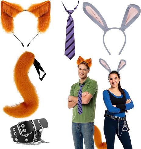 Mepase 5 Pcs Halloween Couple Fox and Rabbit Costume Faux Fur Fox Ears Hairband with Long Tail Necktie Bunny Ear Headband and Belt for Cosplay Party in Saudi Arabia