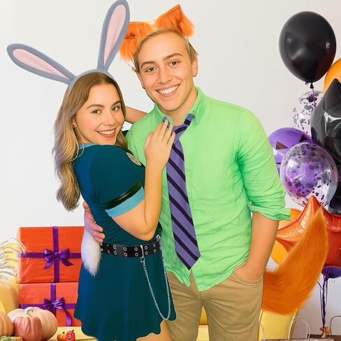 Mepase 5 Pcs Halloween Couple Fox and Rabbit Costume Faux Fur Fox Ears Hairband with Long Tail Necktie Bunny Ear Headband and Belt for Cosplay Party in Saudi Arabia