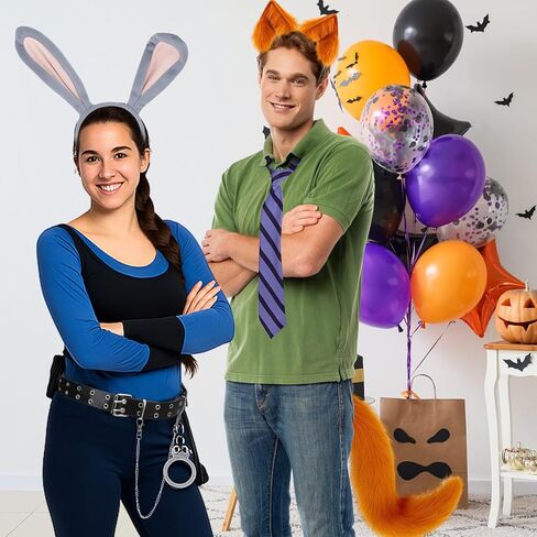 Mepase 5 Pcs Halloween Couple Fox and Rabbit Costume Faux Fur Fox Ears Hairband with Long Tail Necktie Bunny Ear Headband and Belt for Cosplay Party in Saudi Arabia