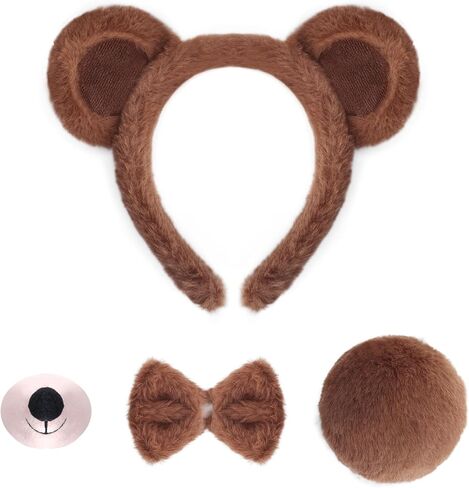 مجموعة إكسسوارات زي الدب المكونة من 4 قطع من إكسسوارات زي الدب وعصابة رأس وذيل الأنف وربطة عنق على شكل حيوان لعيد الهالوين وعيد الميلاد 101 يوم وحفلة تنكرية باللون البني in Kuwait