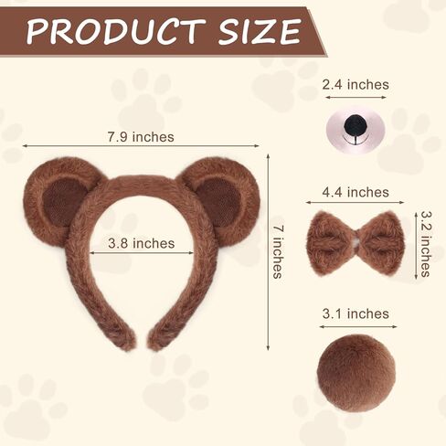 مجموعة إكسسوارات زي الدب المكونة من 4 قطع من إكسسوارات زي الدب وعصابة رأس وذيل الأنف وربطة عنق على شكل حيوان لعيد الهالوين وعيد الميلاد 101 يوم وحفلة تنكرية باللون البني in Kuwait