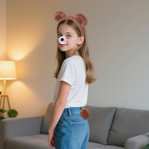 مجموعة إكسسوارات زي الدب المكونة من 4 قطع من إكسسوارات زي الدب وعصابة رأس وذيل الأنف وربطة عنق على شكل حيوان لعيد الهالوين وعيد الميلاد 101 يوم وحفلة تنكرية باللون البني in Kuwait