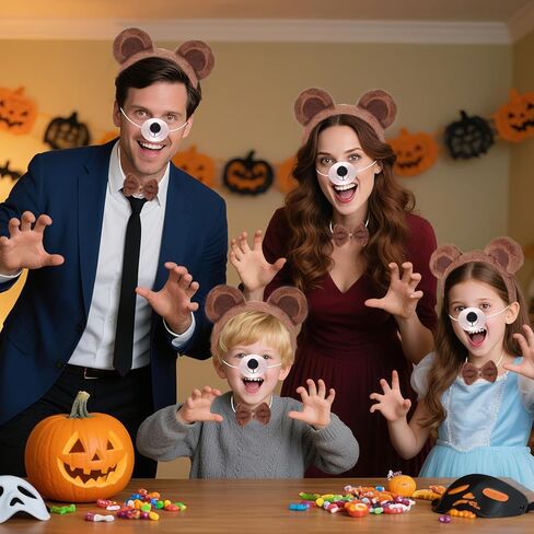 مجموعة إكسسوارات زي الدب المكونة من 4 قطع من إكسسوارات زي الدب وعصابة رأس وذيل الأنف وربطة عنق على شكل حيوان لعيد الهالوين وعيد الميلاد 101 يوم وحفلة تنكرية باللون البني in Kuwait