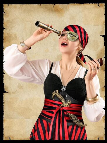 9 Pcs Adult Pirate Costume Women Pirate Skirt with Head Scarf Waist Belts Fishnet Stockings Corset Eye Patch Earrings Necklace Plastic Knife Accessories for Halloween Cosplay Party in Saudi Arabia
