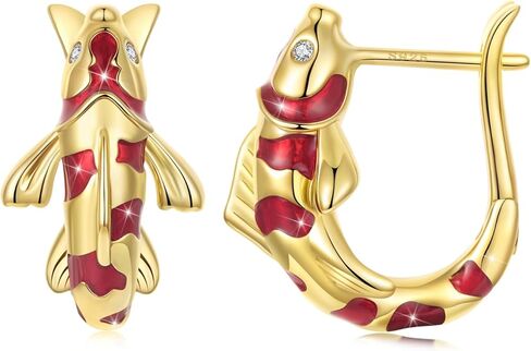 WOSTU Silver Gold Koi Fish Hoop Earrings for Women 925 Sterling Silver Plated Hypoallergenic Red Enamel Dangle Ear Huggie Earring Cute Animal Statement Jewelry for Sensitive Ears in Saudi Arabia