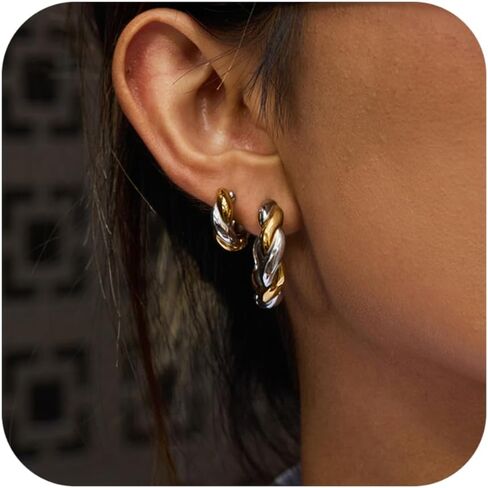 مجموعة أقراط Fullpop الذهبية للنساء العصرية، أقراط هوجي هوب قابلة للتكديس من الذهب عيار 18 قيراط والفضة للنساء، أقراط ذهبية صغيرة عصرية مقاومة للماء وغير قابلة للتلطيخ، هدايا مجوهرات لها in Kuwait