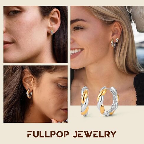 مجموعة أقراط Fullpop الذهبية للنساء العصرية، أقراط هوجي هوب قابلة للتكديس من الذهب عيار 18 قيراط والفضة للنساء، أقراط ذهبية صغيرة عصرية مقاومة للماء وغير قابلة للتلطيخ، هدايا مجوهرات لها in Kuwait