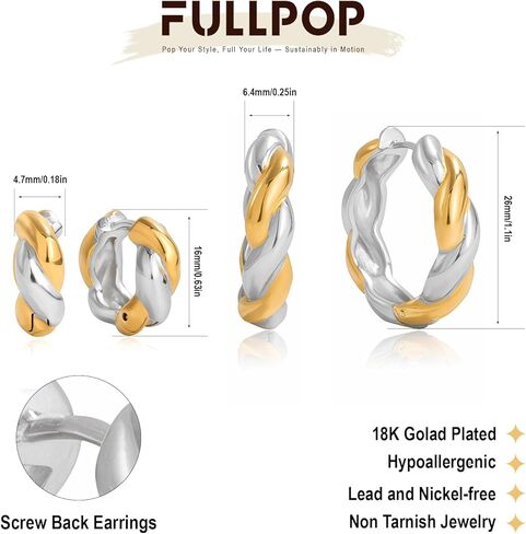 مجموعة أقراط Fullpop الذهبية للنساء العصرية، أقراط هوجي هوب قابلة للتكديس من الذهب عيار 18 قيراط والفضة للنساء، أقراط ذهبية صغيرة عصرية مقاومة للماء وغير قابلة للتلطيخ، هدايا مجوهرات لها in Kuwait