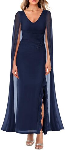 ADEWEL Women's V Neck Flowy Long Sleeve Side Split Sexy Mesh Ruched Formal Maxi Dress Cocktail Party Long Dresses with Cape in Kuwait